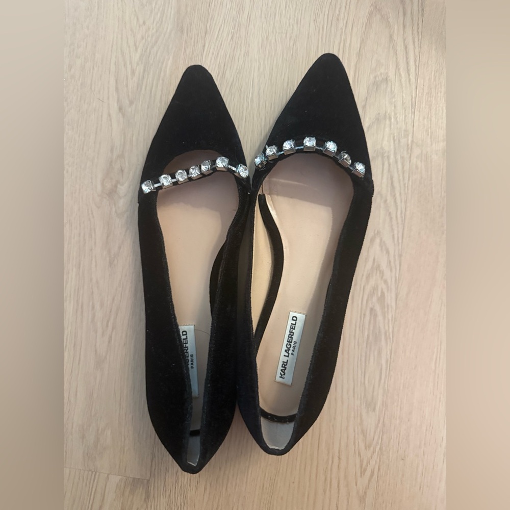 Karl Lagerfeld Black Flats with Silver Embellishments